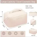 Large Capacity Cosmetic Travel Bag – Women’s Leather Makeup Organizer with Handle and Divider, Cream. - Image 4