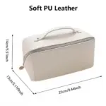 Large Capacity Cosmetic Travel Bag – Women’s Leather Makeup Organizer with Handle and Divider, Cream. - Image 2