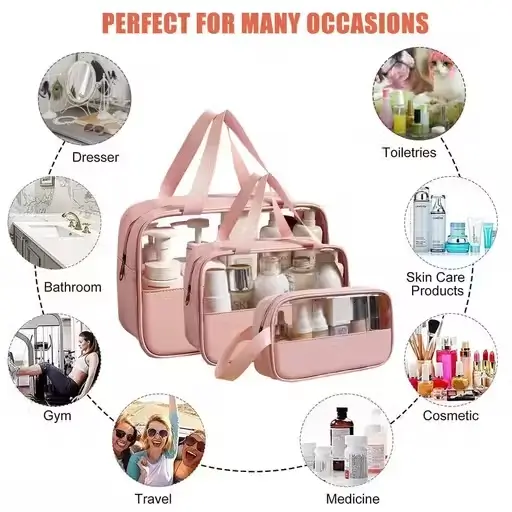 pI5z7qbmPspK2YGBDp7a7gf08a62VMnP3fZyCXdf.webp Pack of 3 Makeup Organizer Bags – Travel Waterproof Cosmetic Toiletry Pouches for Women & Girls (Rose Pink). - Image 1